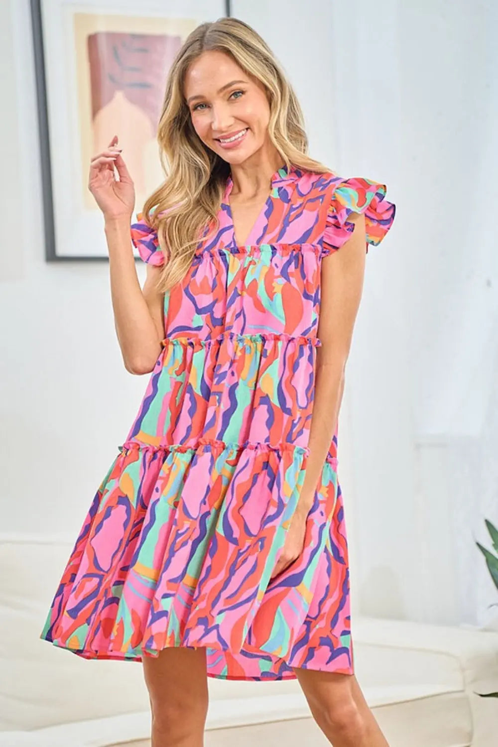 First Love Full Size Printed Ruffle Cap Sleeve Tiered Dress-Very Besty