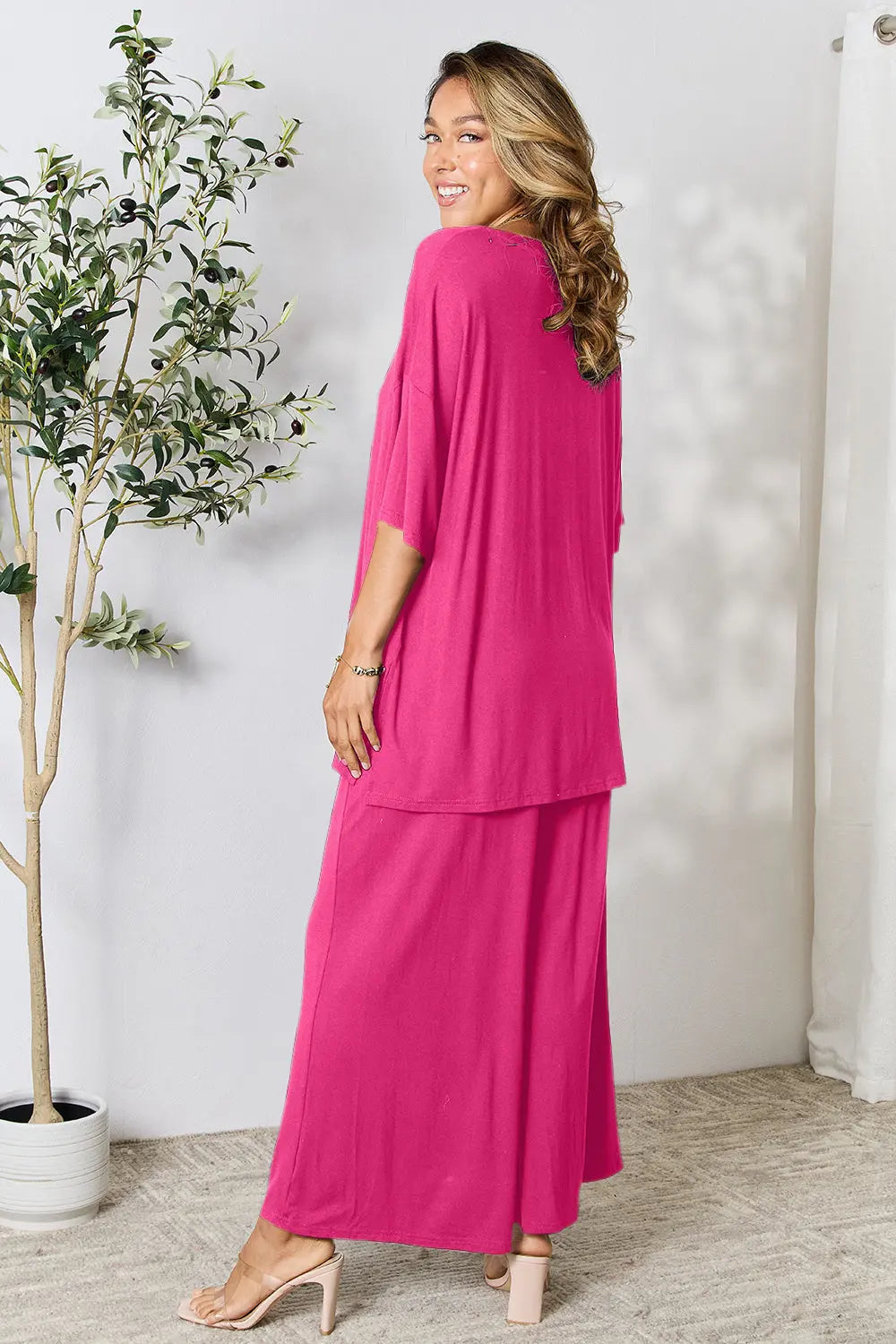 Double Take Full Size Round Neck Slit Top and Pants Set-Very Besty