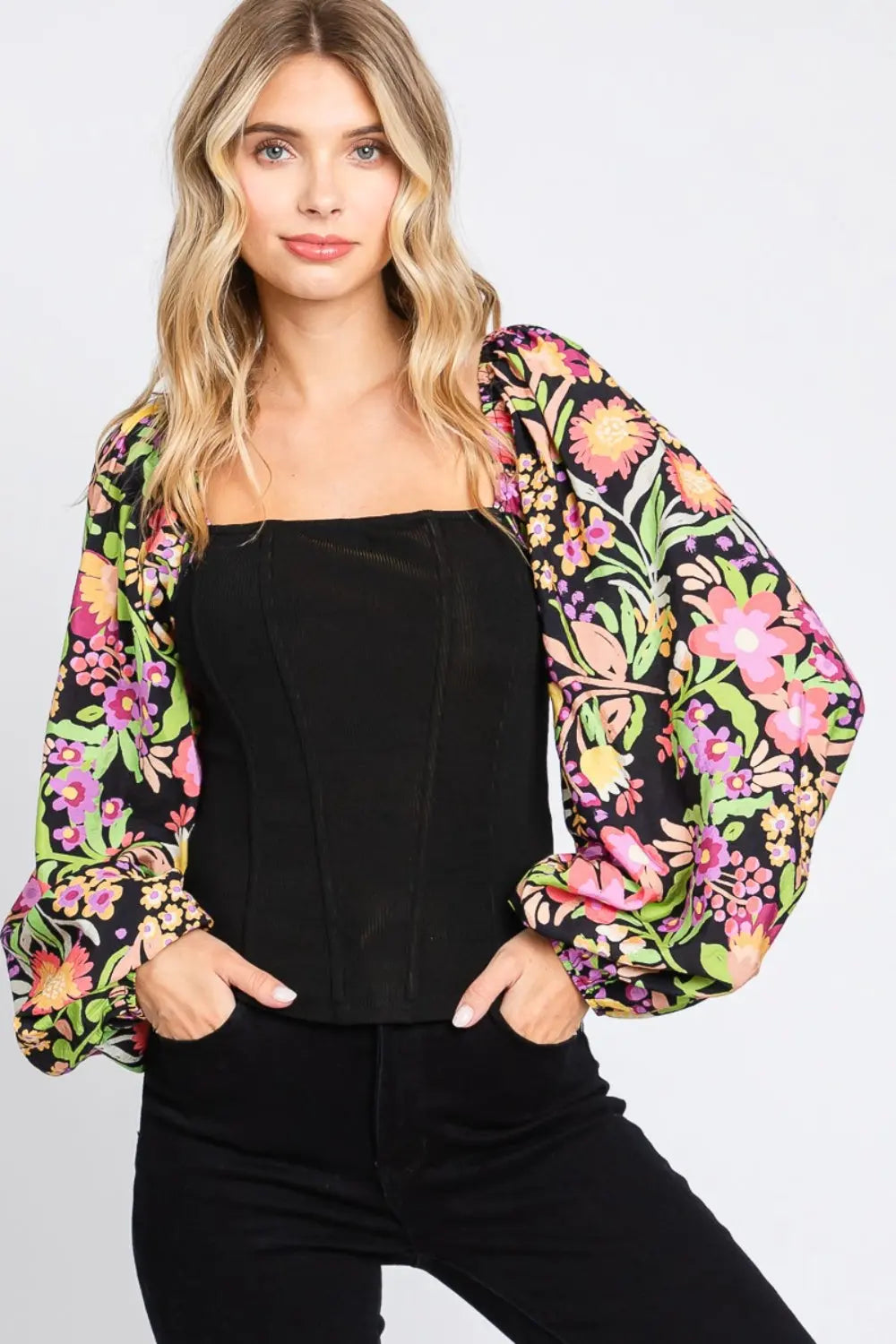 ODDI Full Size Floral Balloon Sleeve Blouse-Very Besty