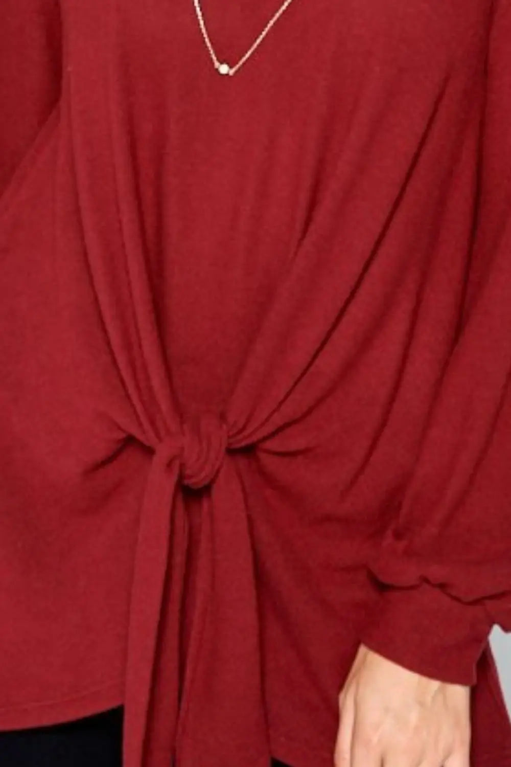 Super Lady Full Size Round Neck Knot Front Hacci Blouse-Very Besty