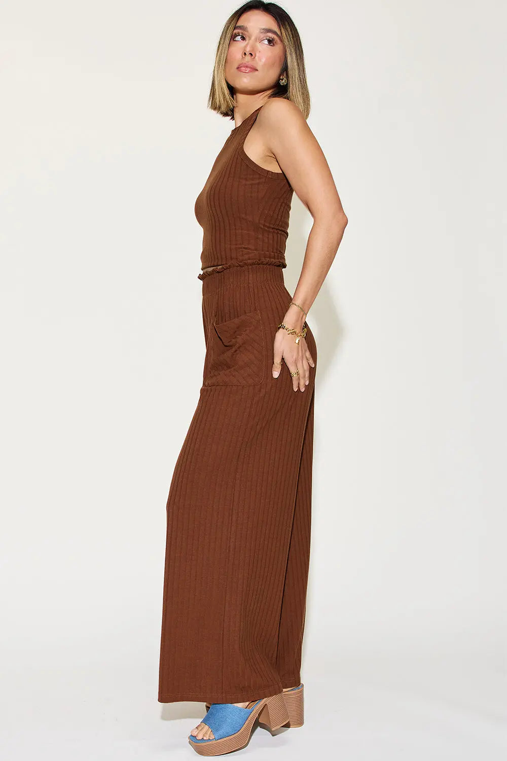 Basic Bae Full Size Ribbed Tank and Wide Leg Pants Set-Very Besty