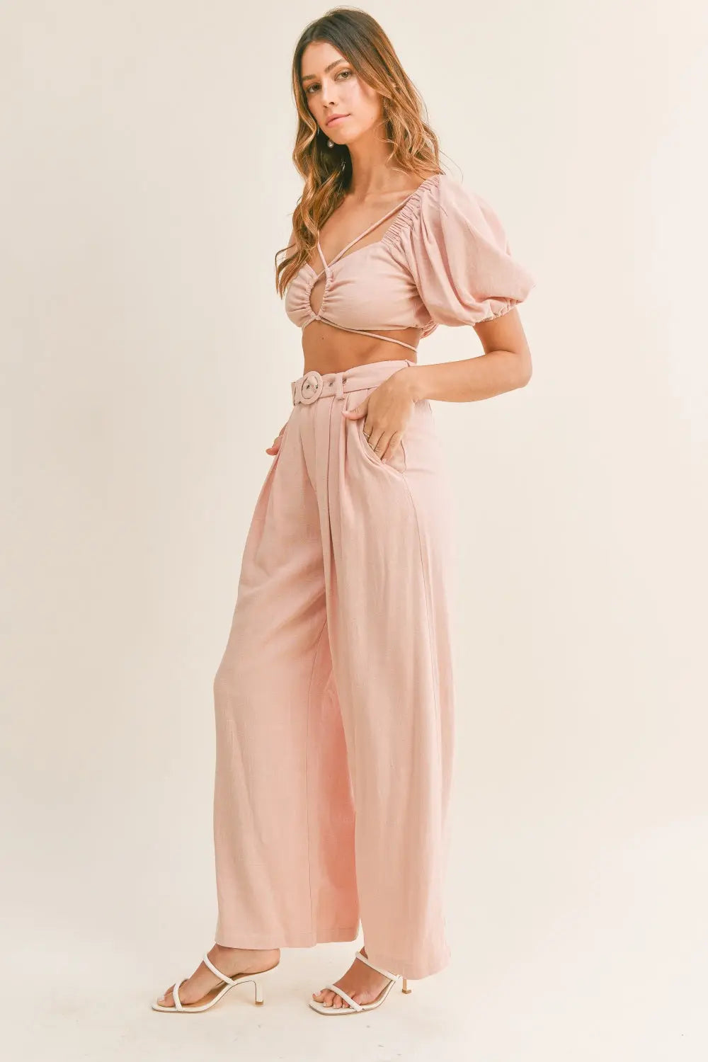 MABLE Cut Out Drawstring Crop Top and Belted Pants Set-Very Besty