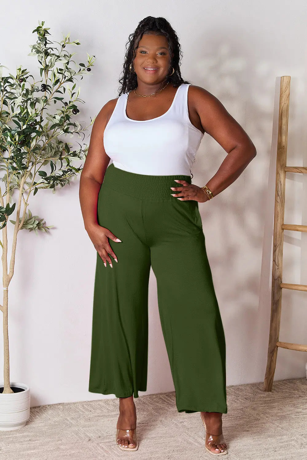 Basic Bae Full Size Smocked Wide Waistband Wide Leg Pants-Very Besty