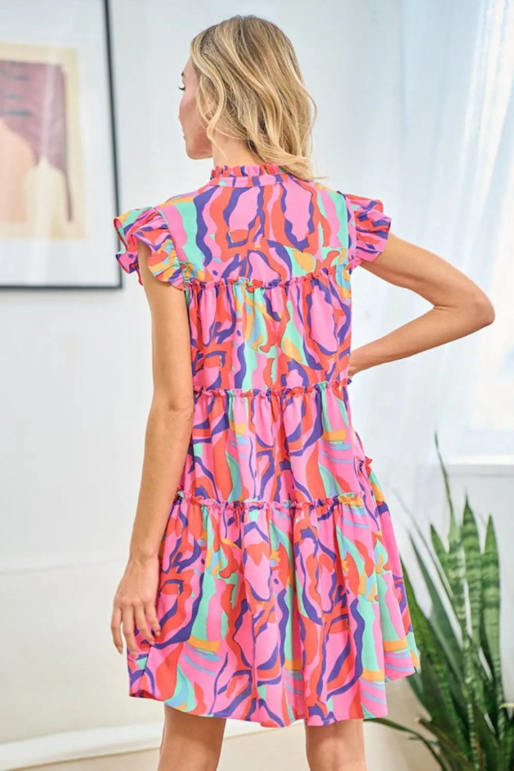 First Love Full Size Printed Ruffle Cap Sleeve Tiered Dress-Very Besty