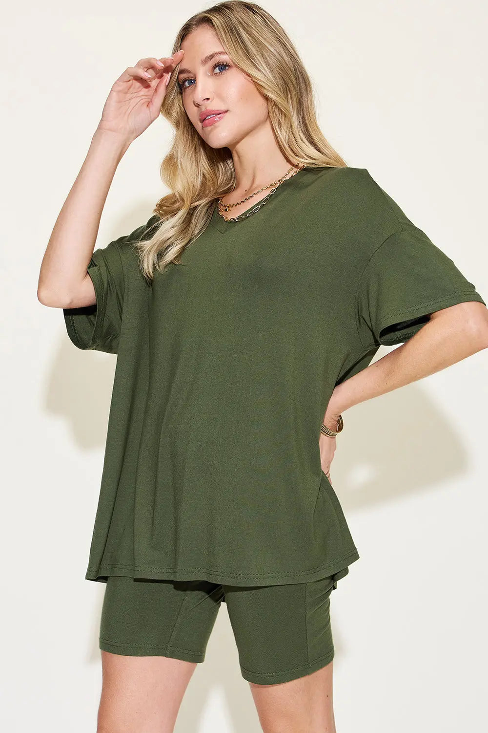 Basic Bae Full Size V-Neck Drop Shoulder T-Shirt and Shorts Set-Very Besty