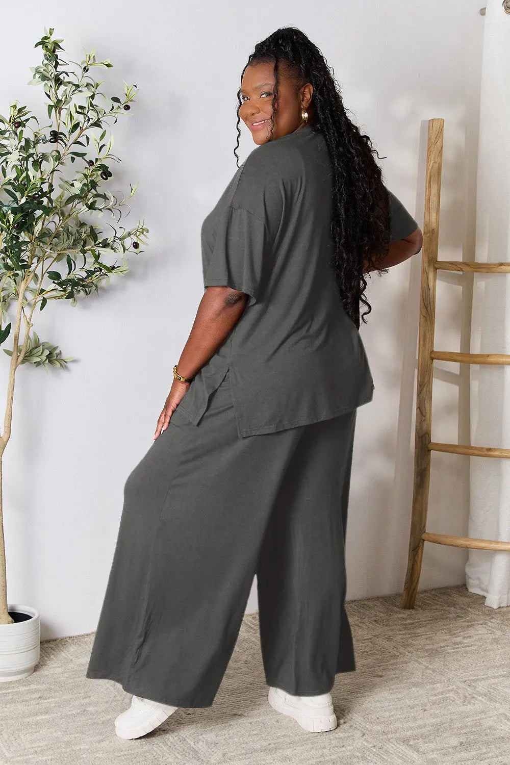 Double Take Full Size Round Neck Slit Top and Pants Set-Very Besty