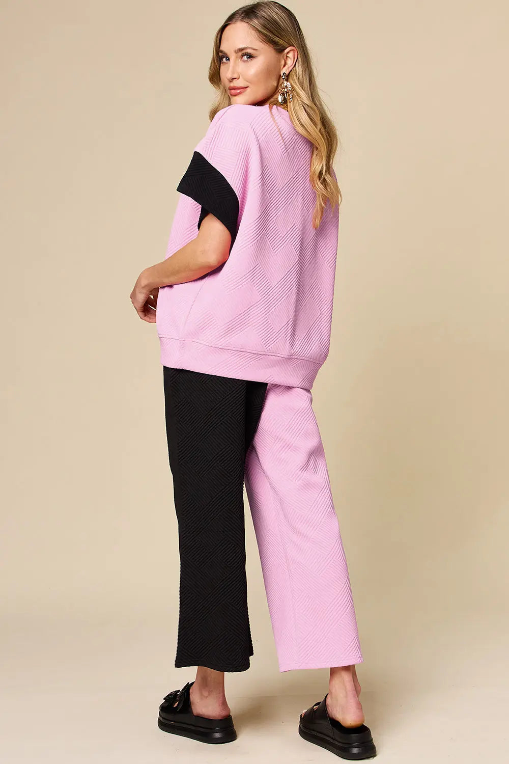 Double Take Full Size Texture Contrast T-Shirt and Wide Leg Pants Set-Very Besty