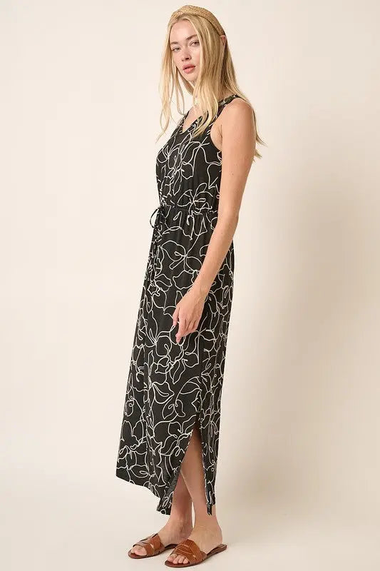 Mittoshop Side Slit Flower Print V-Neck Sleeveless Dress-Very Besty