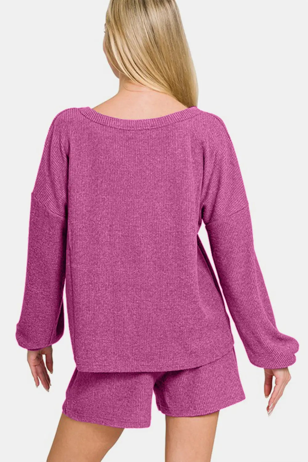 Zenana V-Neck Long Sleeve Ribbed Top and Shorts Set-Very Besty