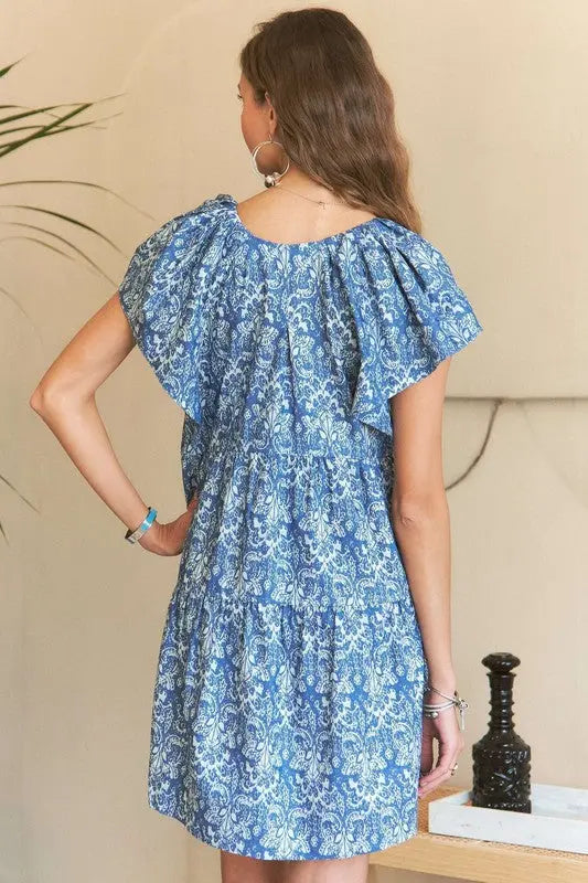 ADORA Printed V-Neck Ruffle Sleeve Mini Dress-Very Besty