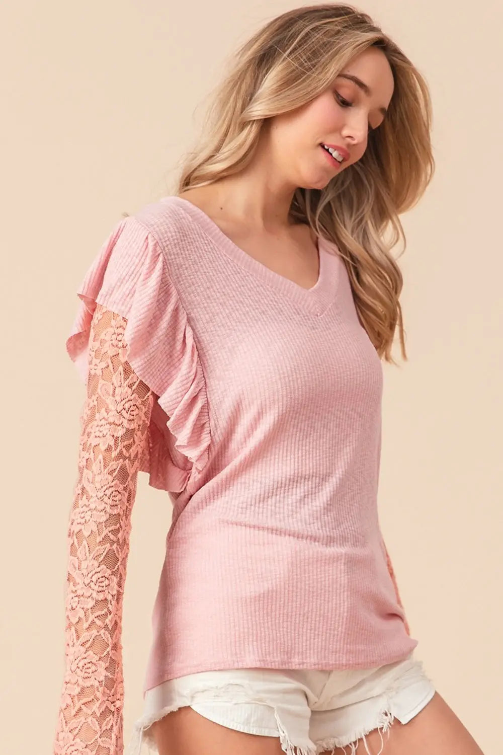 BiBi Ruffled Lace Sleeve Rib Knit Top-Very Besty
