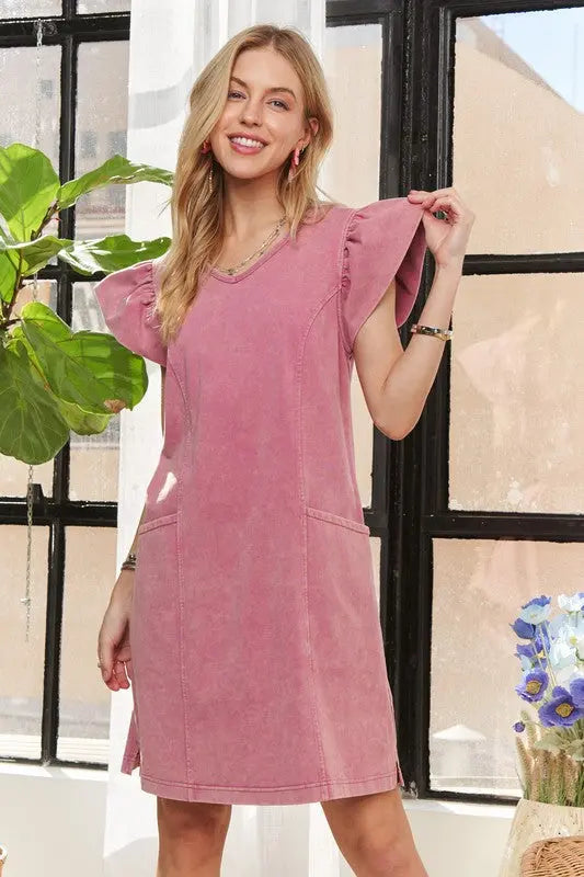ADORA Mineral Washed V-Neck Ruffled Cap Sleeve Dress-Very Besty