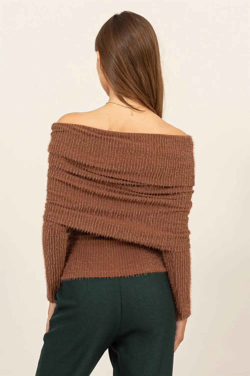 HYFVE Fuzzy Off Shoulder Textured Knit Top-Very Besty