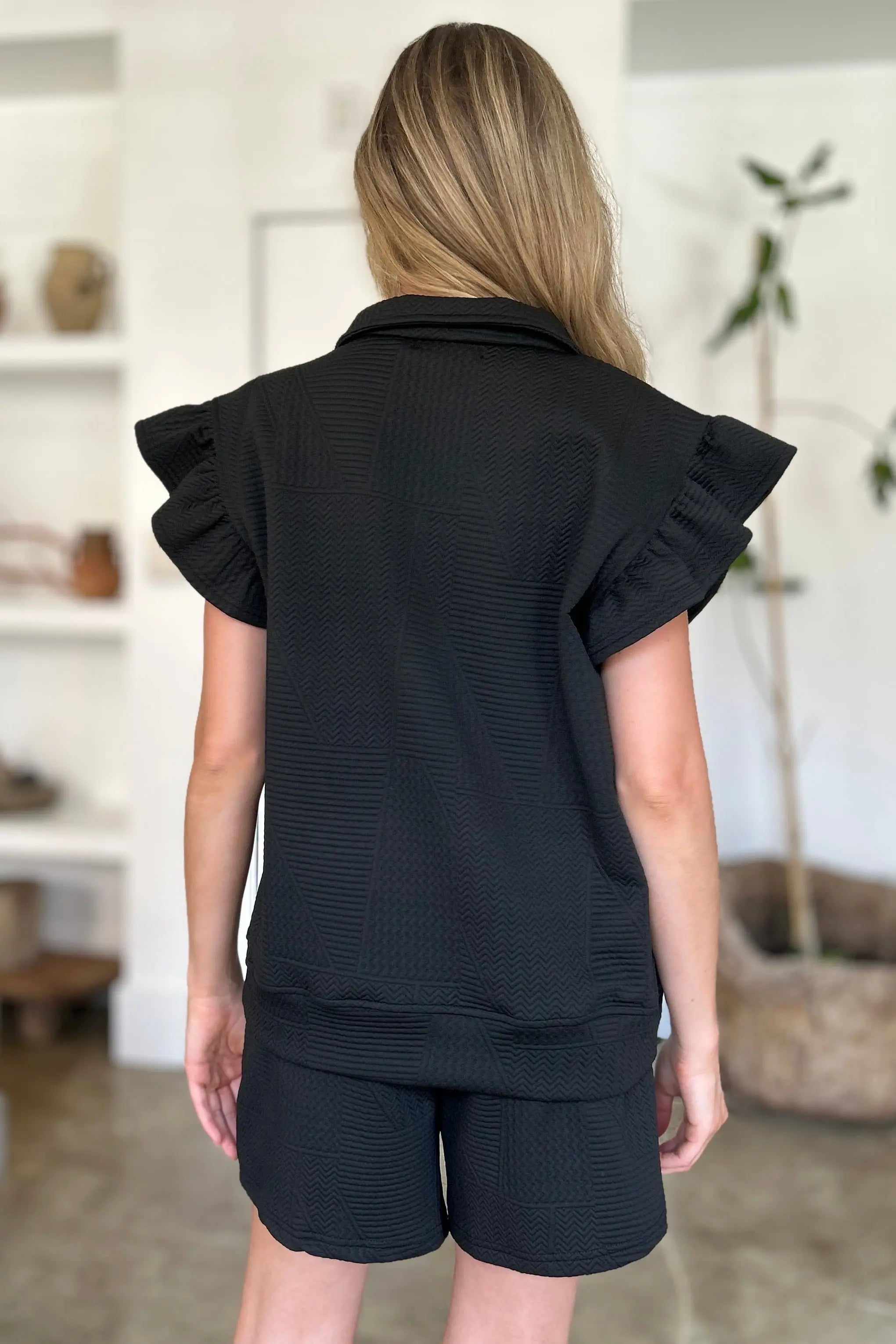 Double Take Full Size Texture Flounce Sleeve Top and Shorts Set-Very Besty