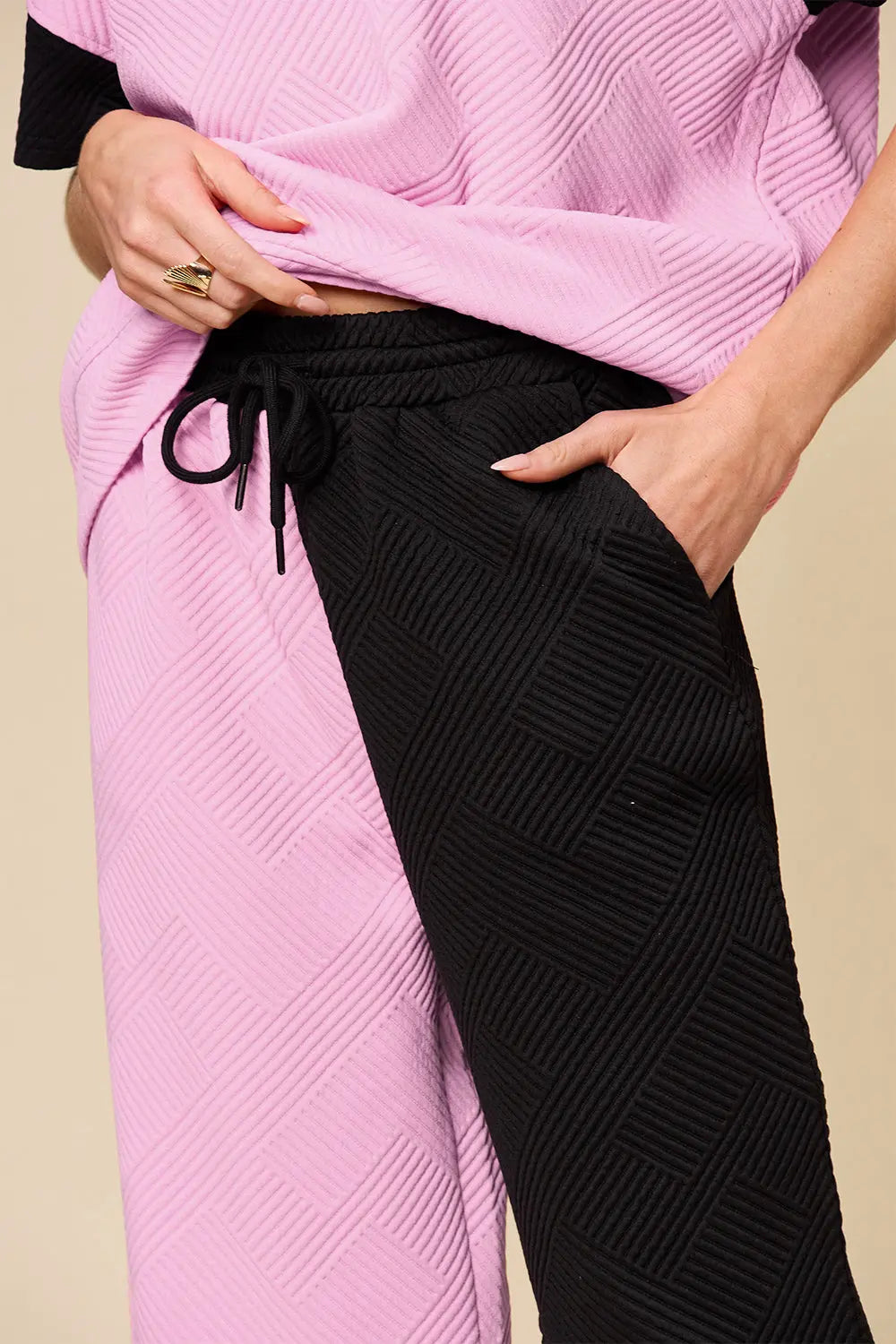 Double Take Full Size Texture Contrast T-Shirt and Wide Leg Pants Set-Very Besty