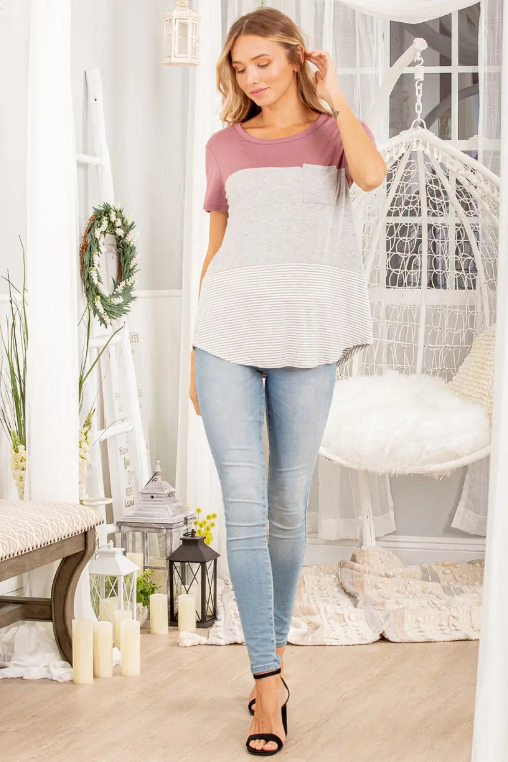 Heimish Color Block Striped Round Neck Short Sleeve T-Shirt-Very Besty