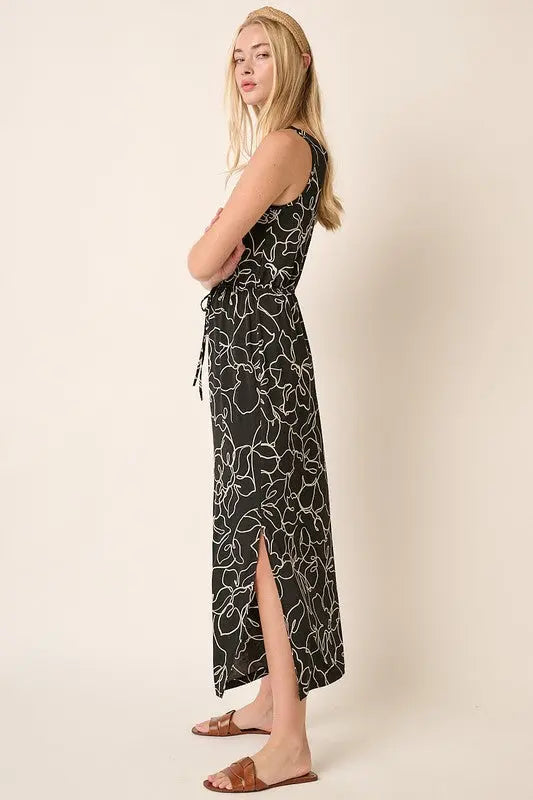 Mittoshop Side Slit Flower Print V-Neck Sleeveless Dress-Very Besty