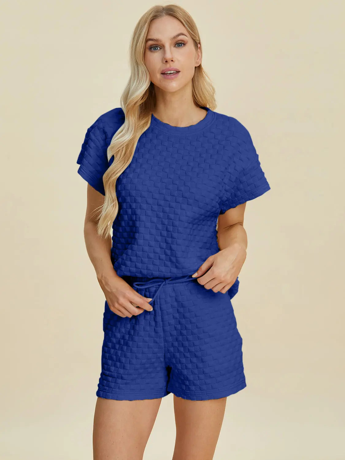 Double Take Full Size Texture T-Shirt and Shorts Set-Very Besty