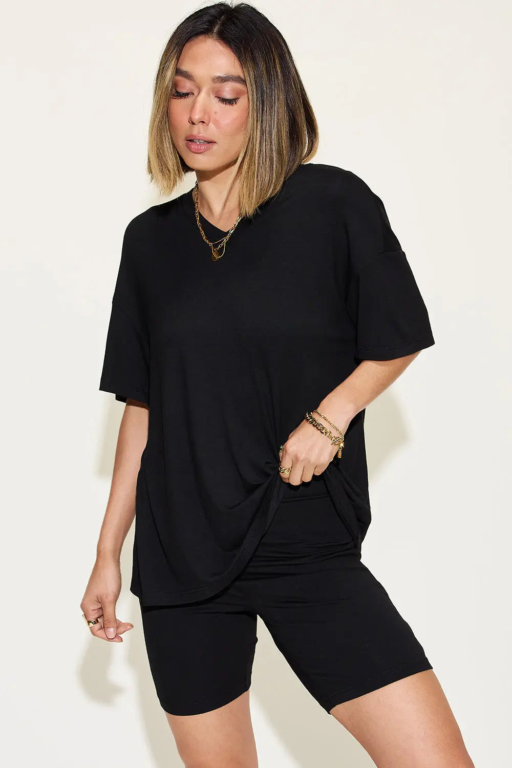 Basic Bae Full Size V-Neck Drop Shoulder T-Shirt and Shorts Set-Very Besty
