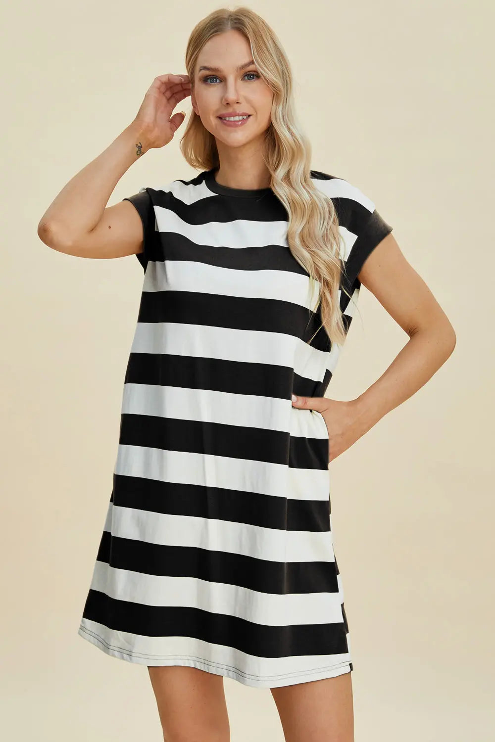 Basic Bae Full Size Striped Round Neck Cap Sleeve Mini Dress-Very Besty