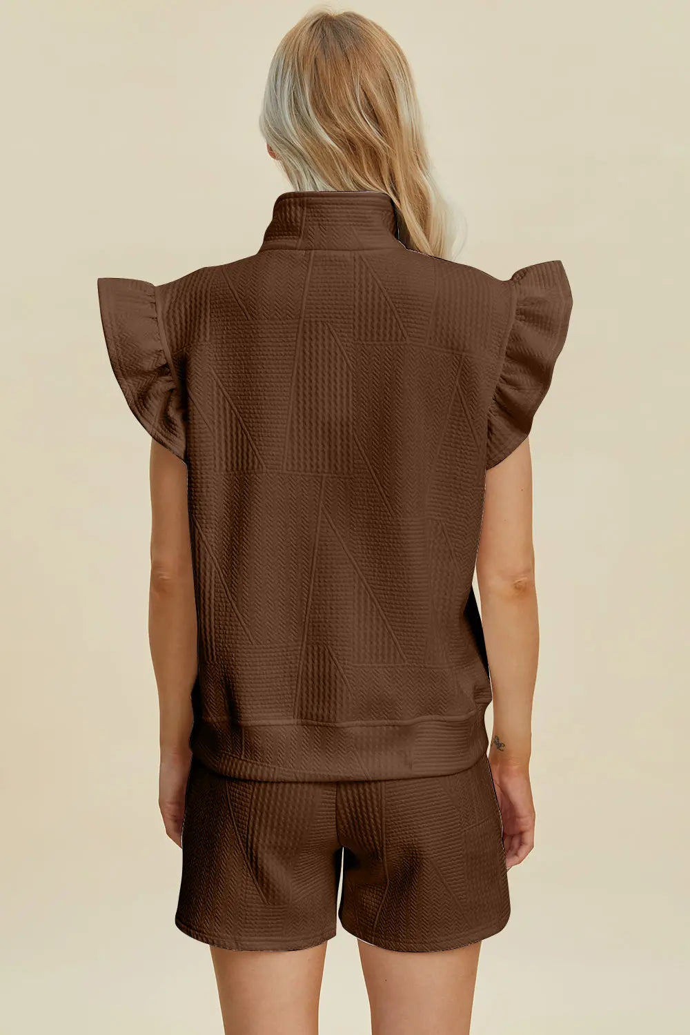 Double Take Full Size Texture Flounce Sleeve Top and Shorts Set-Very Besty