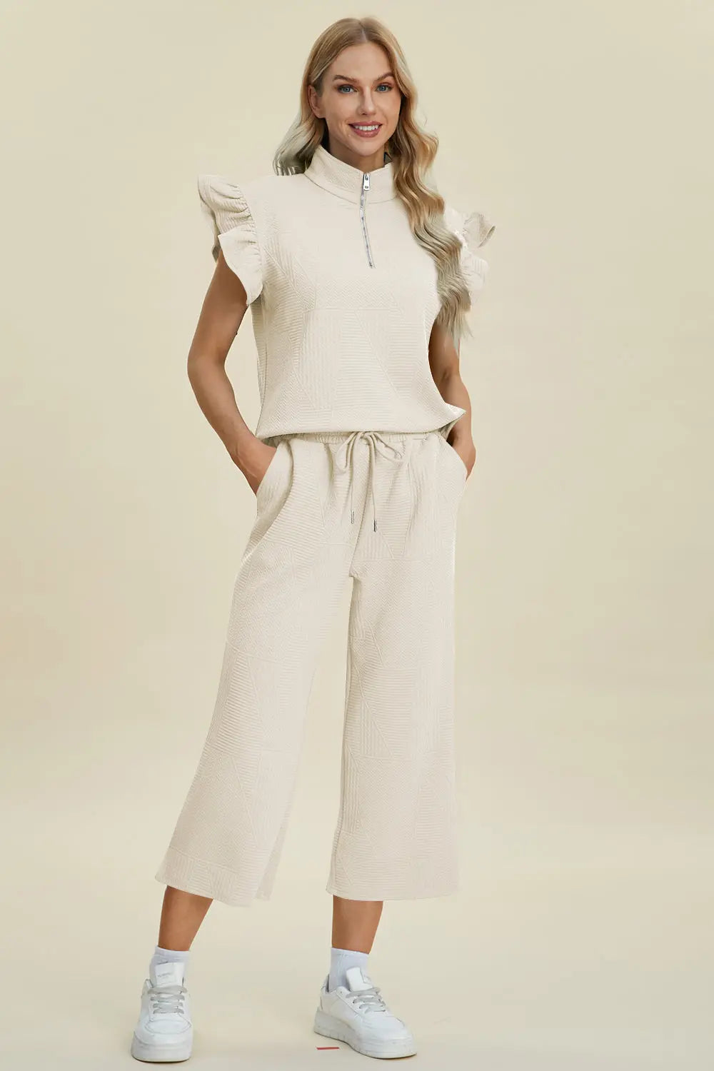 Double Take Full Size Texture Ruffle Short Sleeve Top and Wide Leg Pants Set-Very Besty