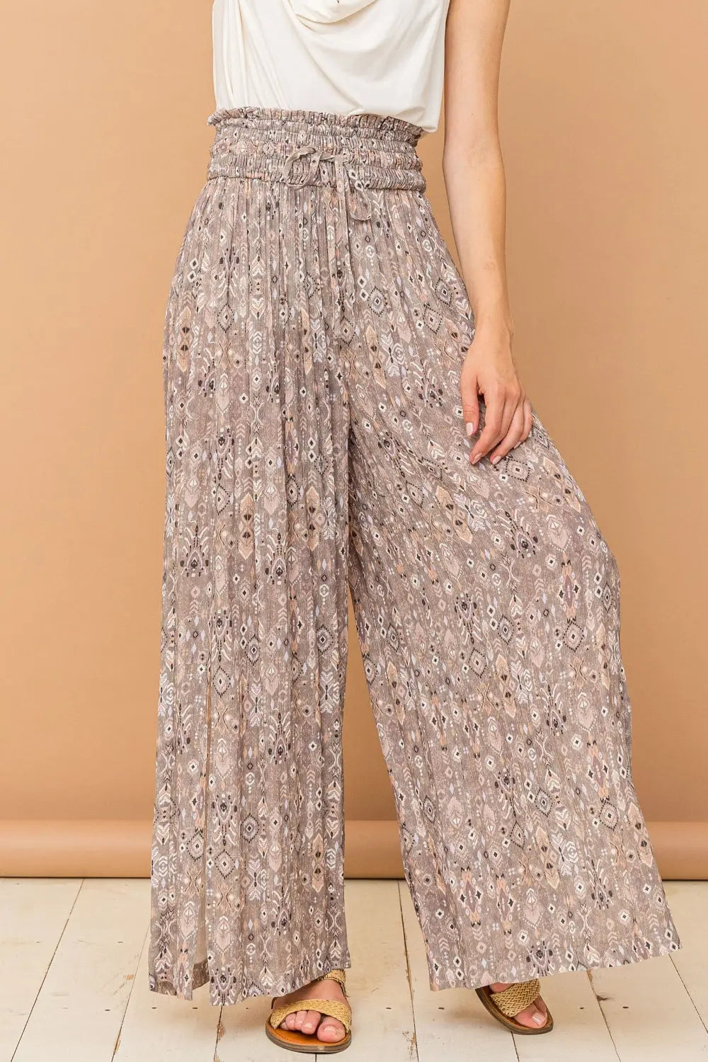 And The Why Printed Smocked Waist Slit Wide Leg Pants-Very Besty