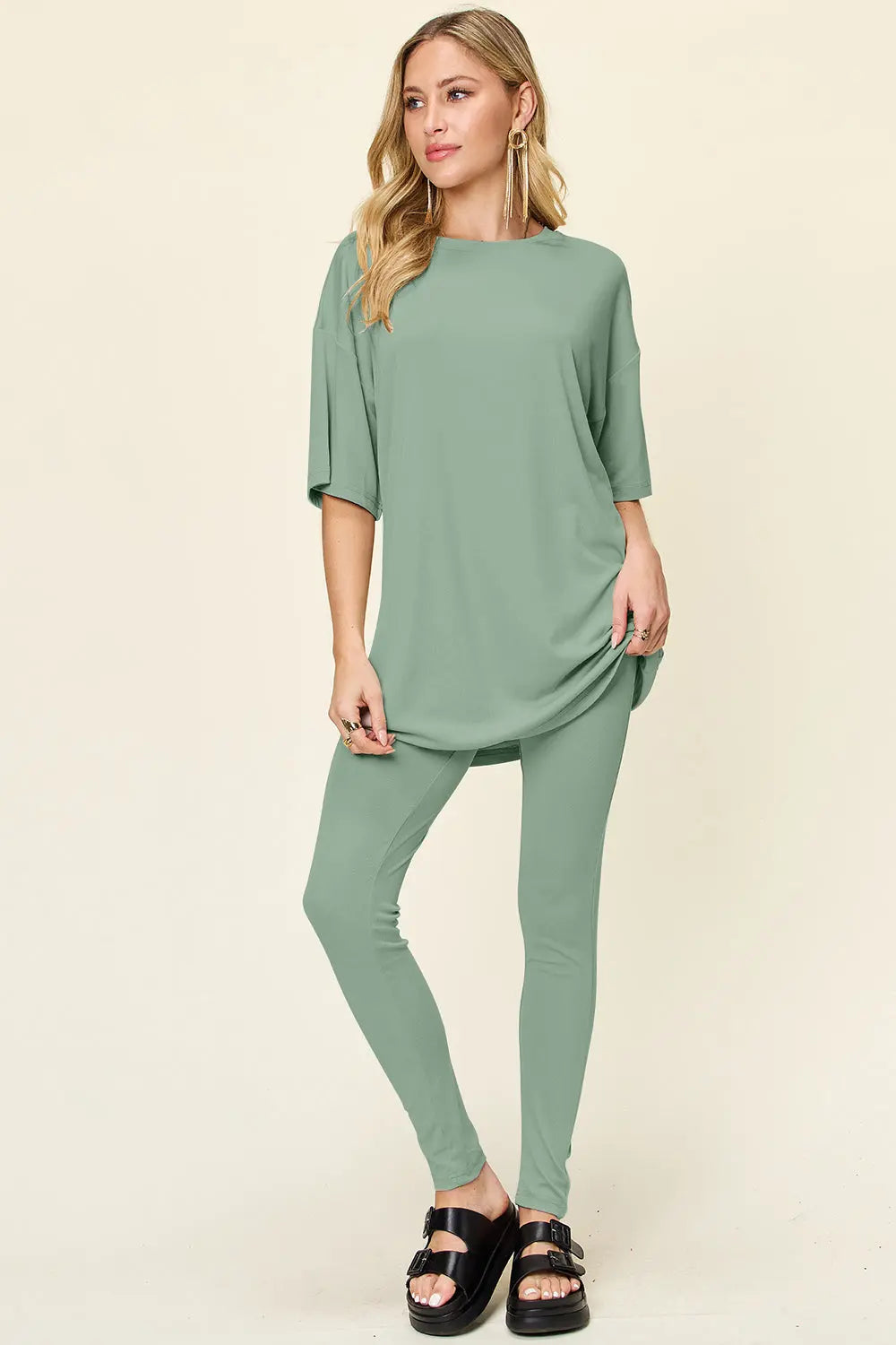 Double Take Full Size Round Neck Dropped Shoulder T-Shirt and Leggings Set-Very Besty