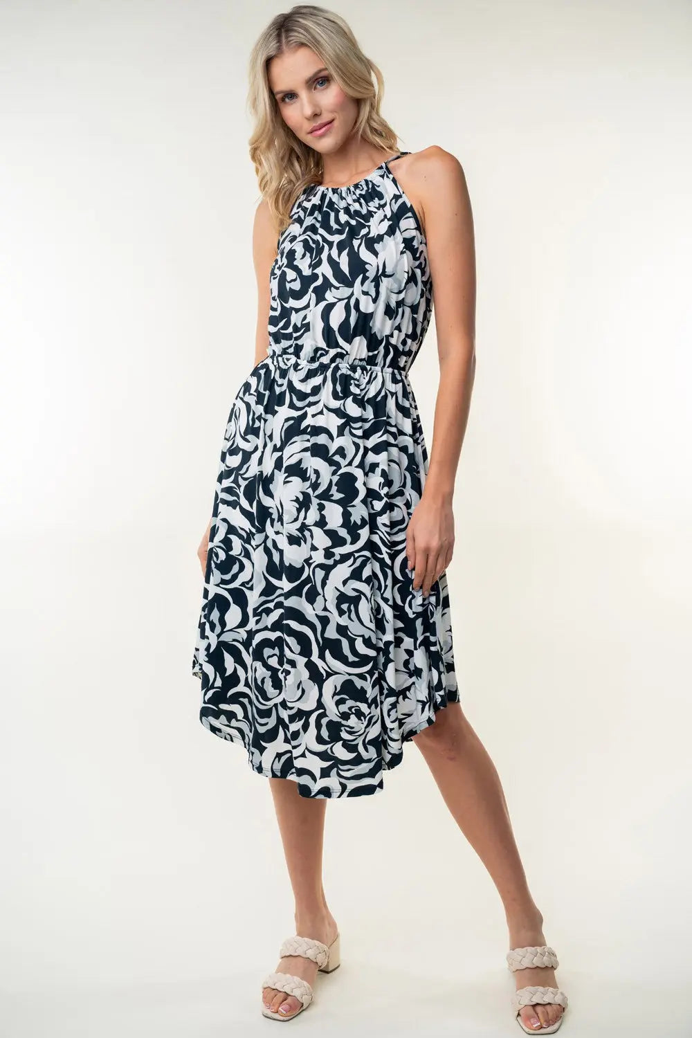 White Birch Tied Ruched Floral Sleeveless Knee Length Dress-Very Besty