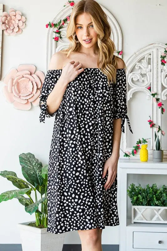 Heimish Full Size Short Sleeve Off Shoulder Animal Mini Dress Plus Size-Very Besty