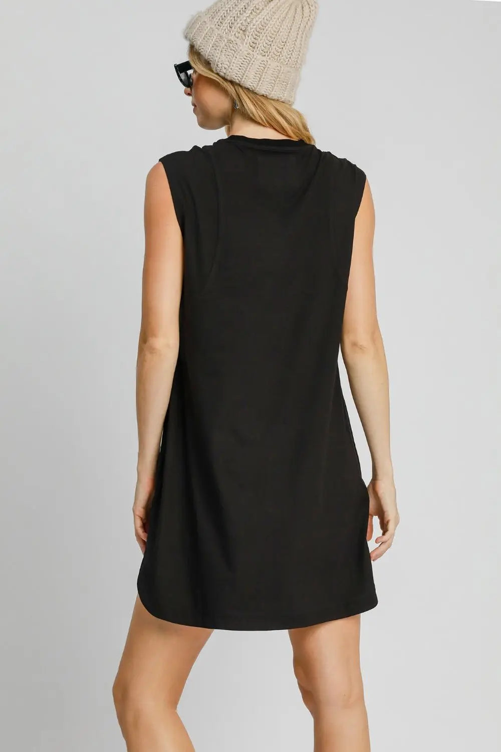 Umgee Round Neck Sleeveless High-Low Curved Hemline Mini Dress-Very Besty
