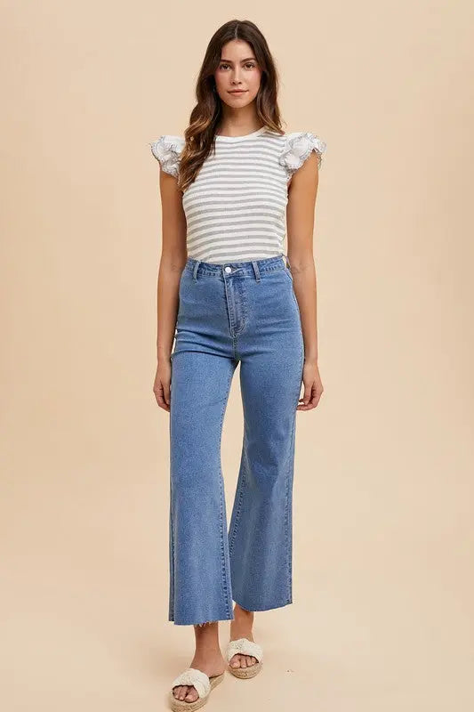 Annie Wear Ruffled Striped Round Neck Cap Sleeve Knit Top-Very Besty