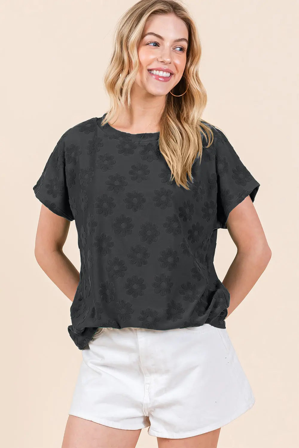 BOMBOM Textured Floral Pattern Short Sleeve T-Shirt-Very Besty
