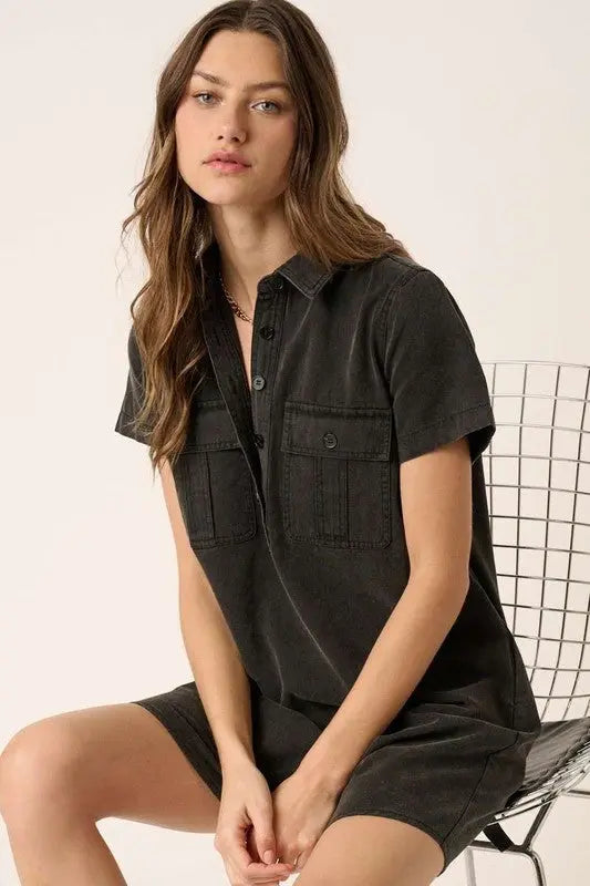 Mittoshop Button Detail Collared Neck Short Sleeve Shirt Dress-Very Besty