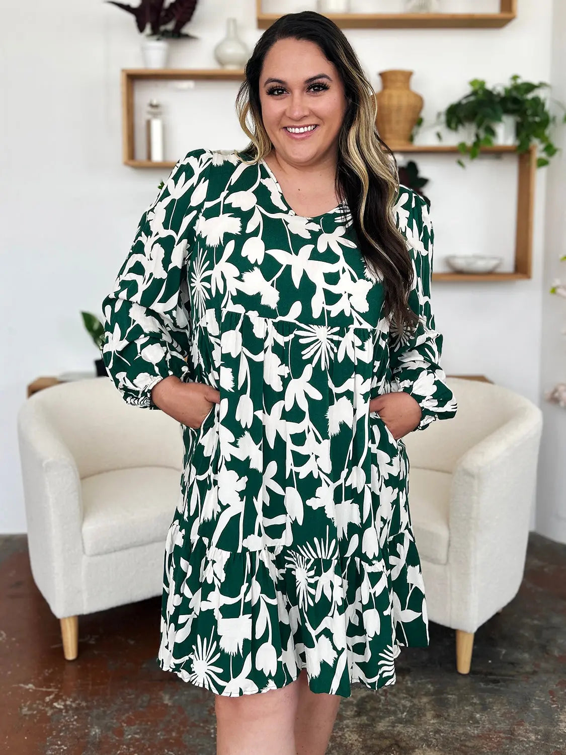 Double Take Full Size Printed Ruffle Hem Dress with Pocket-Very Besty