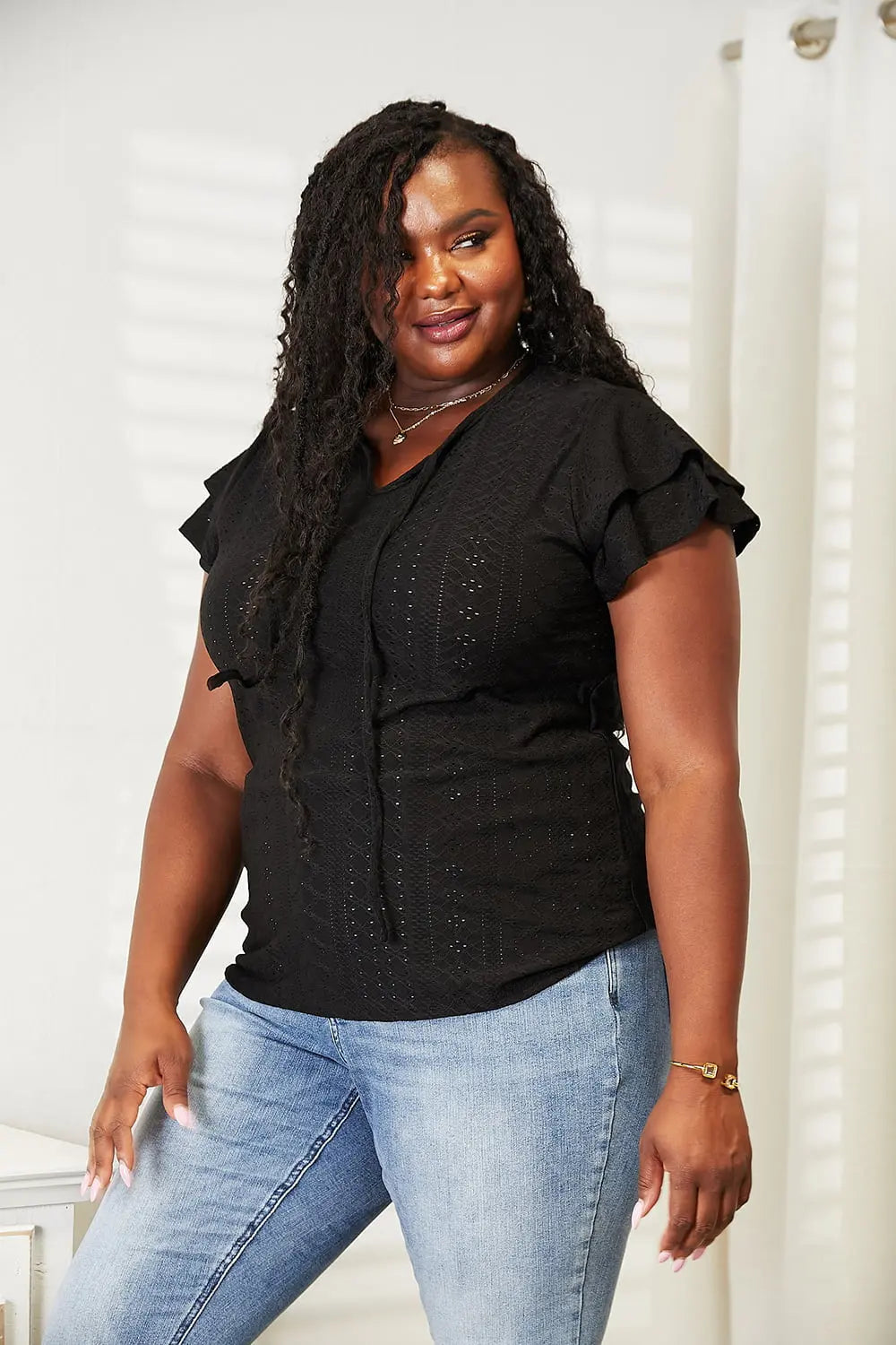 Mandy Eyelet Tie-Neck Flutter Sleeve Blouse-Very Besty