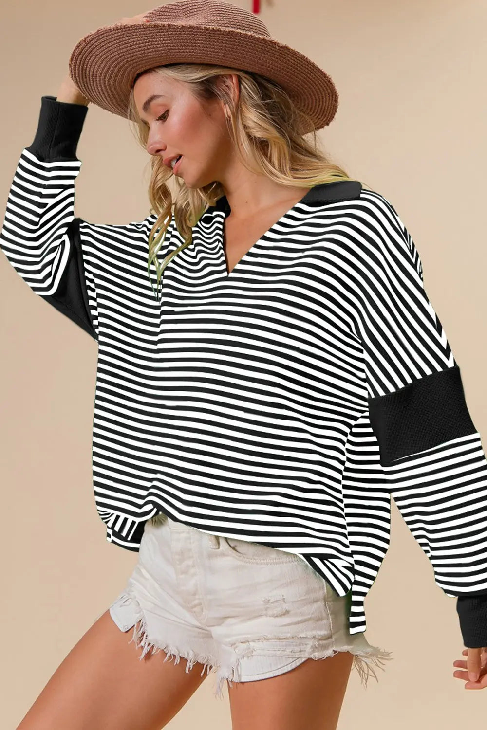 BiBi Striped Contrast Long Sleeve Knit Top-Very Besty