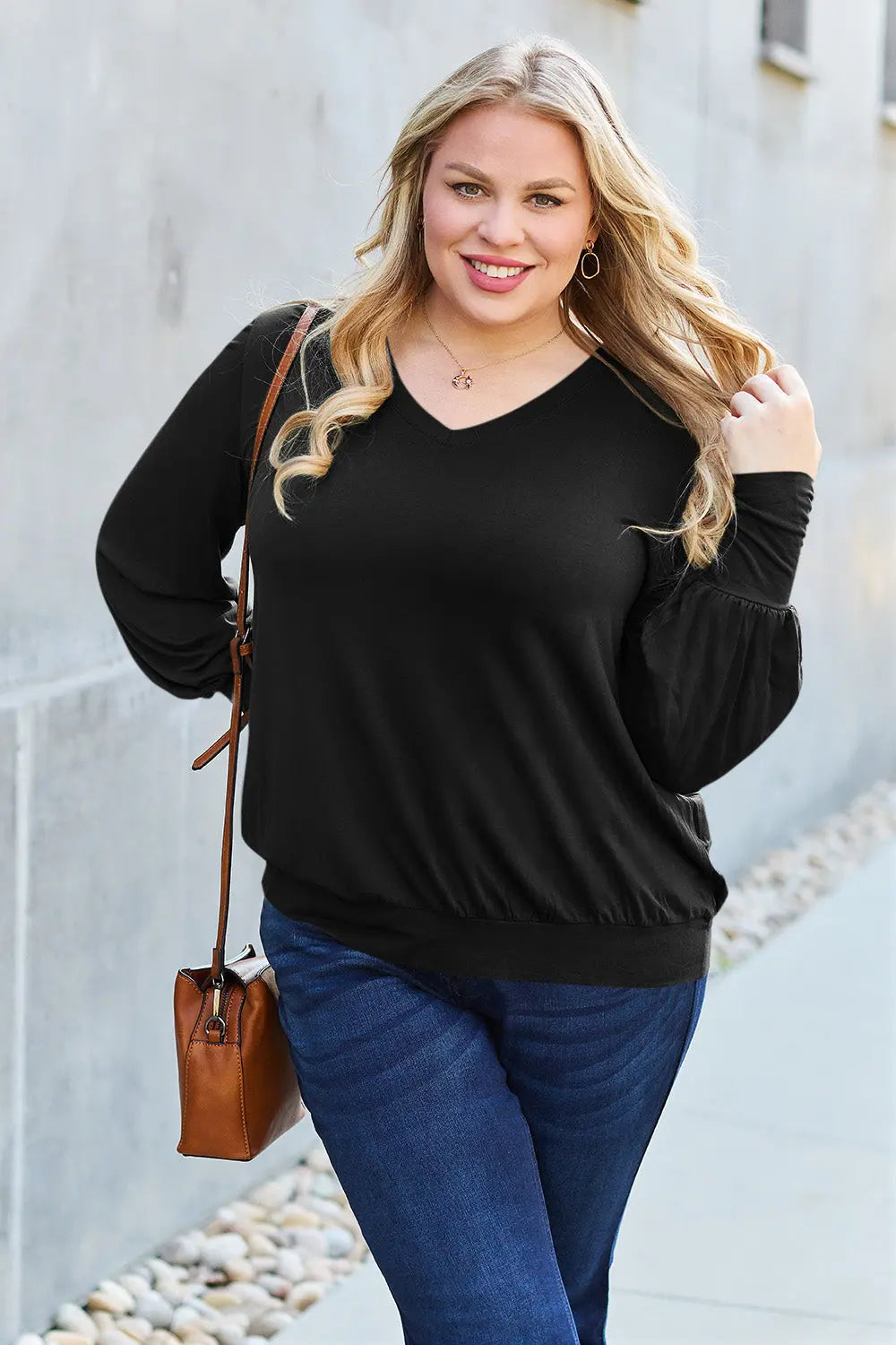 Basic Bae Full Size V-Neck Lantern Sleeve Top-Very Besty