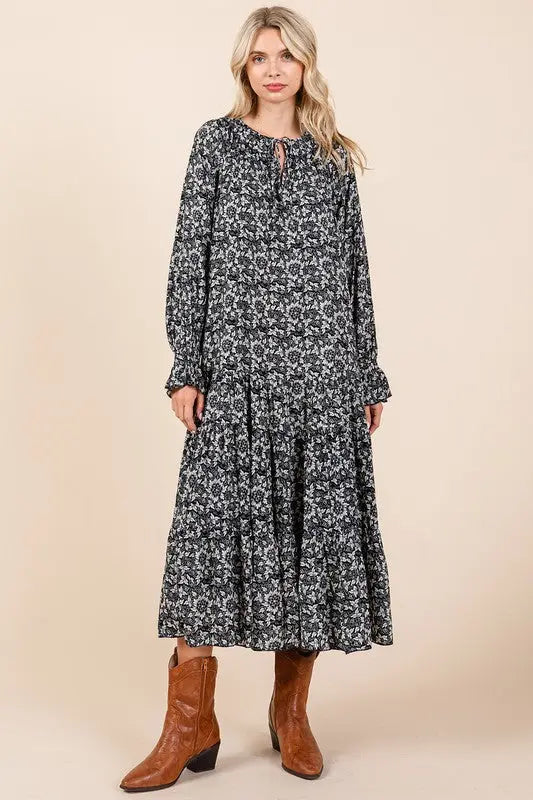 Mittoshop Printed Tie Neck Flounce Sleeve Midi Dress-Very Besty