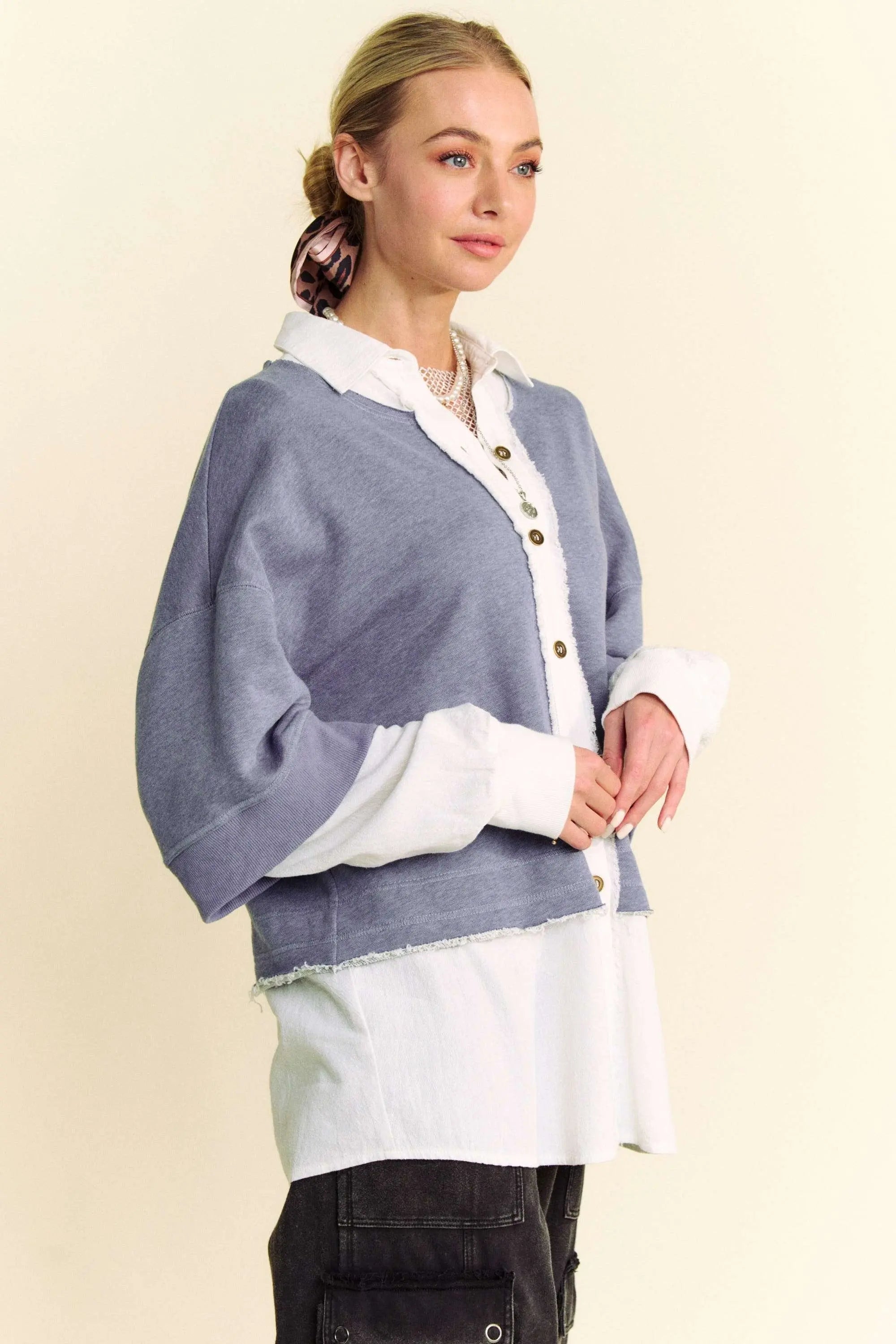 Davi & Dani Faux Layered French Terry Contrast Top-Very Besty