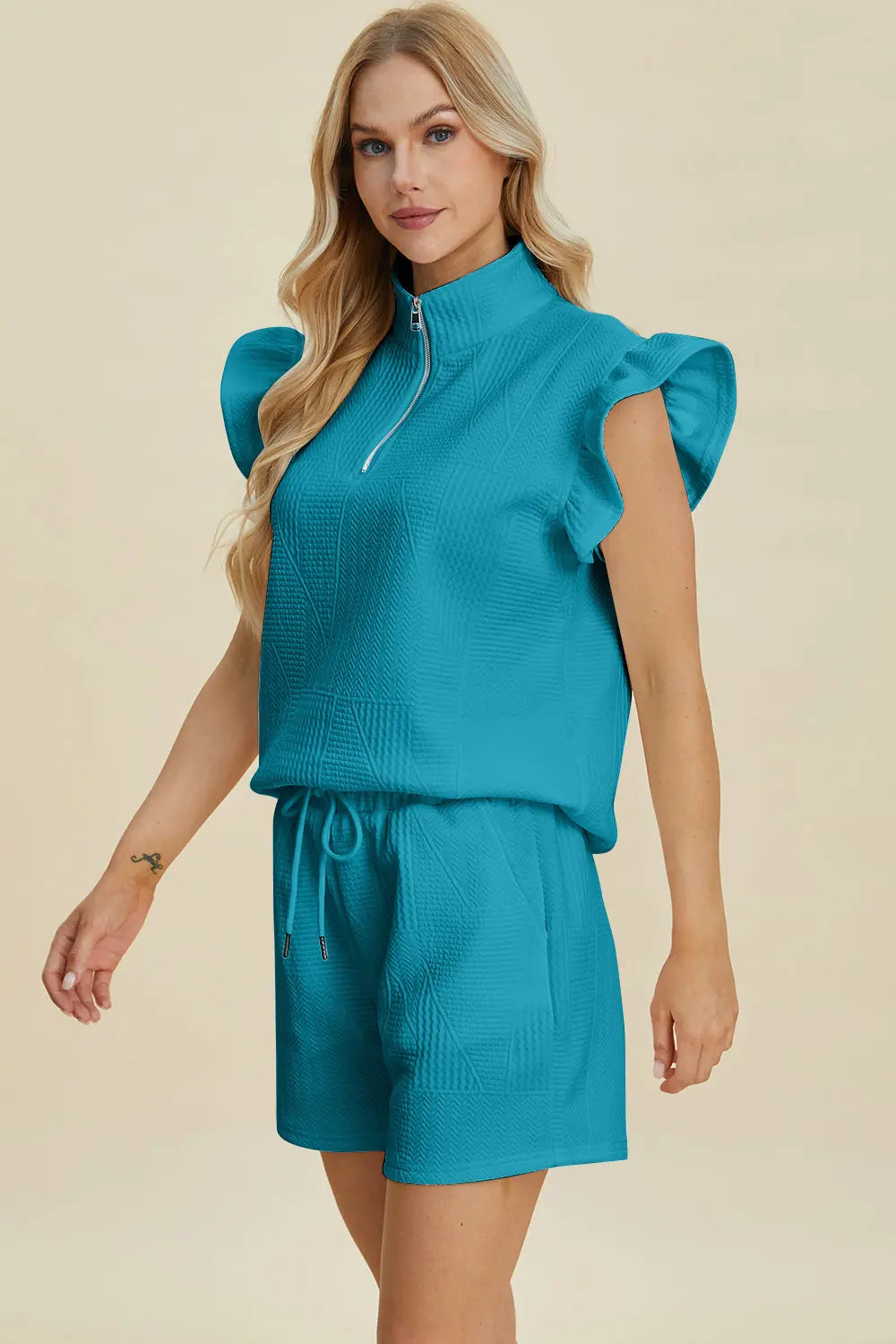 Double Take Full Size Texture Flounce Sleeve Top and Shorts Set-Very Besty