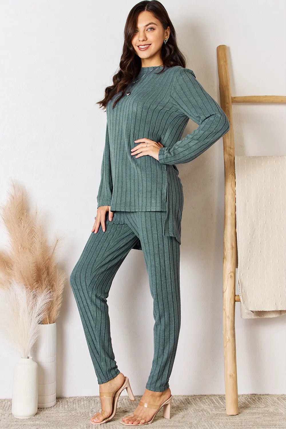 Basic Bae Full Size Ribbed Round Neck High-Low Slit Top and Pants Set-Very Besty