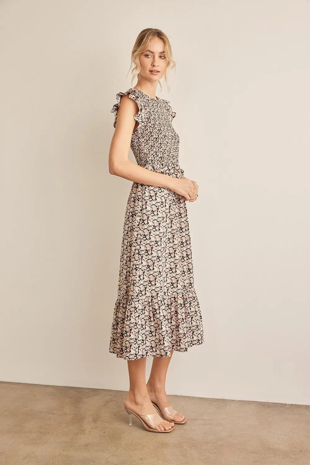 In February Floral Smocked Ruffled Midi Dress-Very Besty