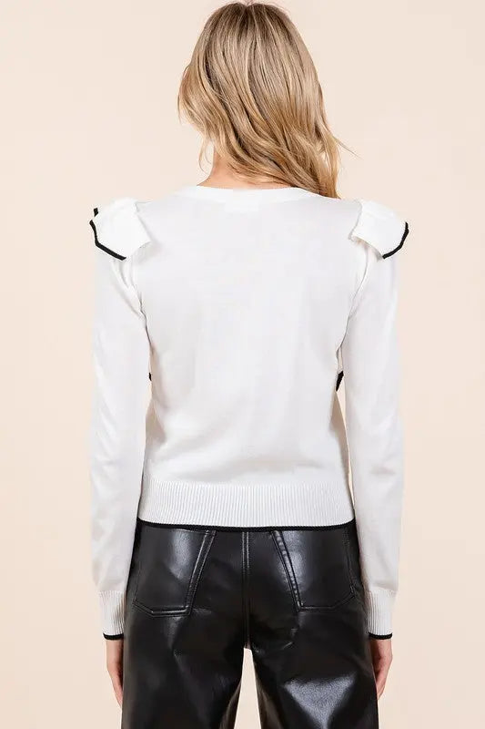 Mittoshop Contrast Trim Ruffled Round Neck Knit Top-Very Besty