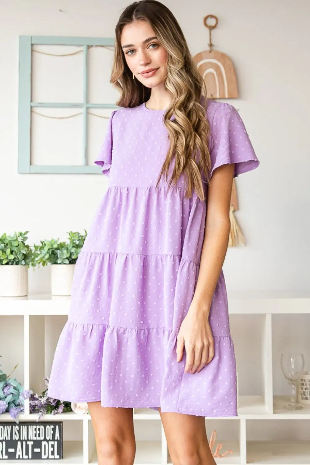 Heimish Full Size Swiss Dot Short Sleeve Tiered Dress-Very Besty