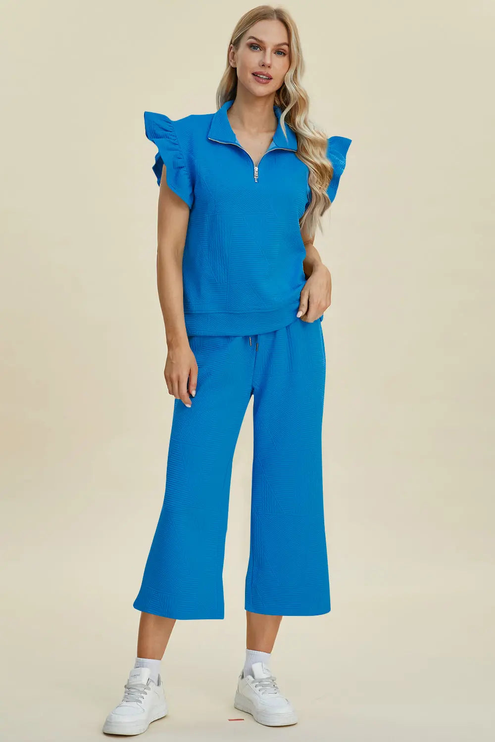 Double Take Full Size Texture Ruffle Short Sleeve Top and Wide Leg Pants Set-Very Besty