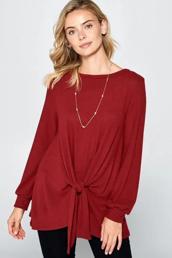 Super Lady Full Size Round Neck Knot Front Hacci Blouse-Very Besty
