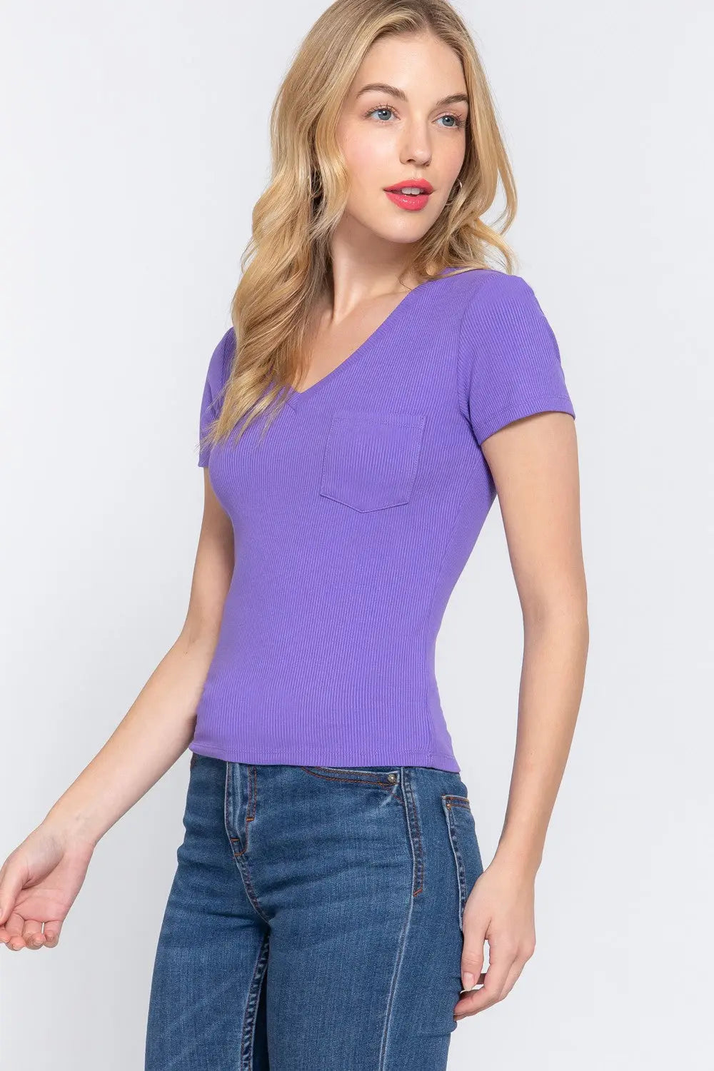 ACTIVE BASIC V-Neck Ribbed Short Sleeve Knit T-Shirt-Very Besty