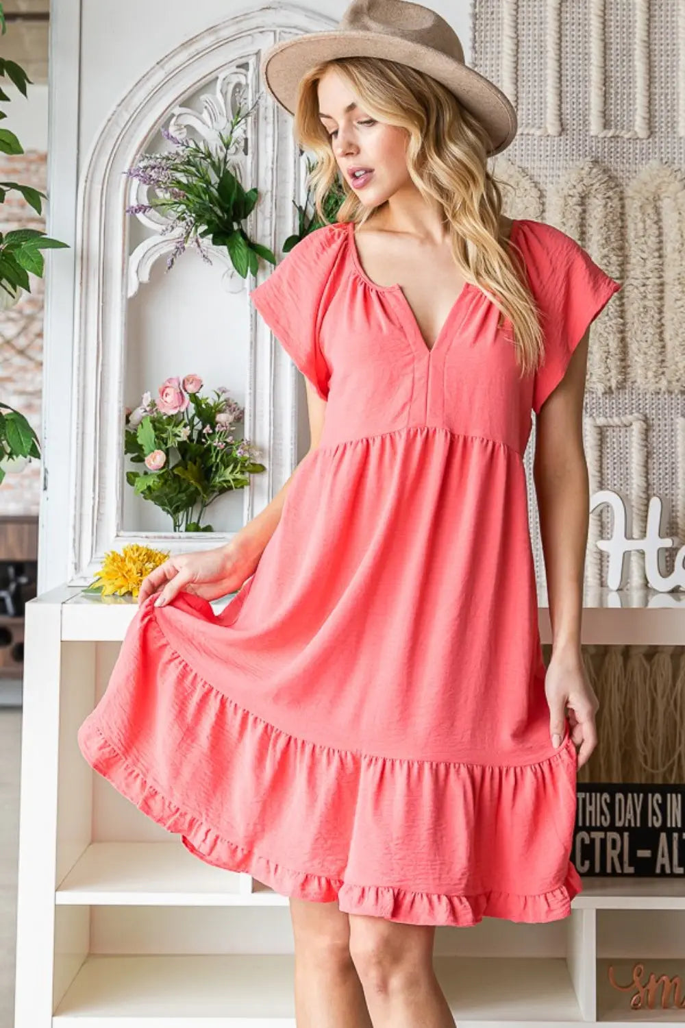 Reborn J Ruffled Notched Cap Sleeve Dress-Very Besty