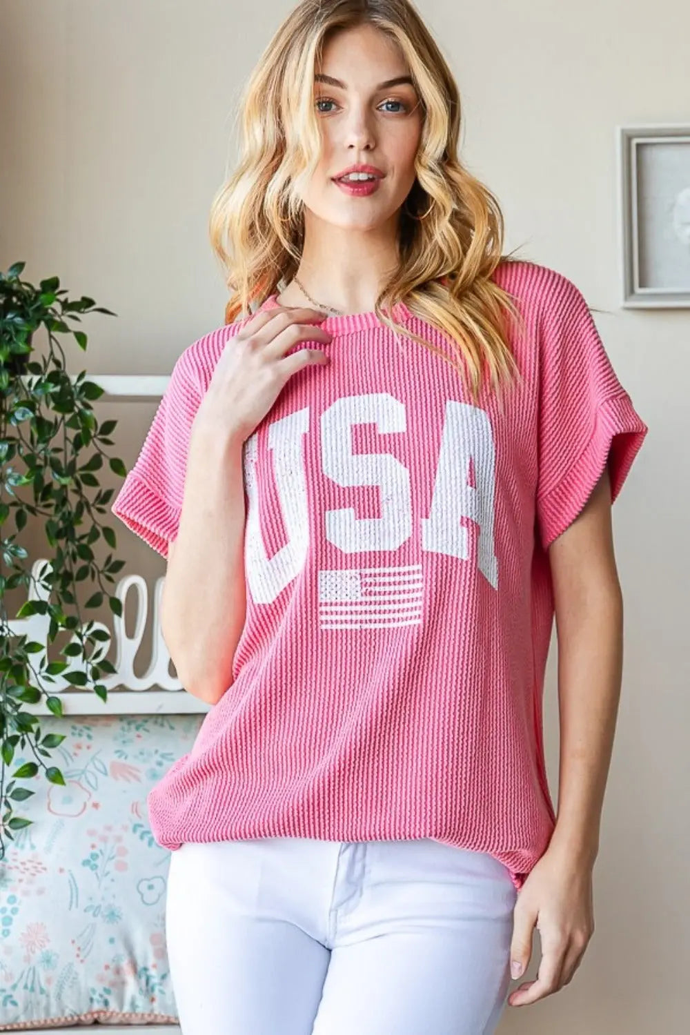 Heimish Full Size USA Graphic Short Sleeve Ribbed Top-Very Besty